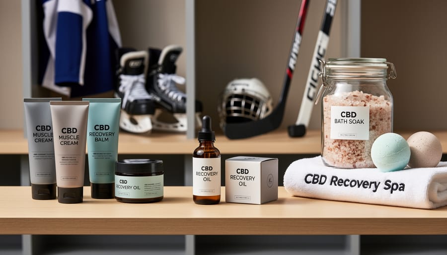 Assortment of CBD recovery products including cream, oil, and bath bomb with hockey equipment