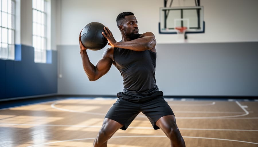 Hockey player performing rotational medicine ball slam exercise for core strength