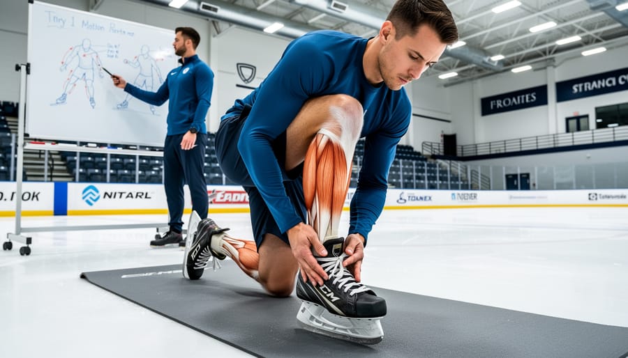 Hockey player performing hip mobility exercise with foam roller on gym floor