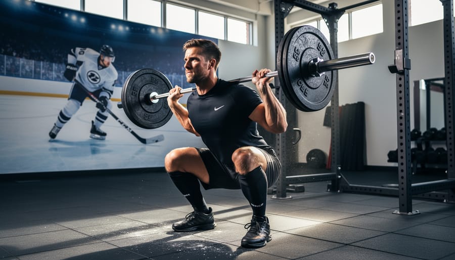 Hockey player performing barbell squat exercise in gym wearing full practice gear