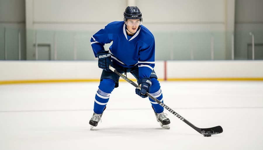 Hockey player demonstrating proper skating stance with bent knees on ice