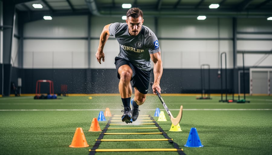 Hockey player performing sprint training with resistance parachute in indoor facility