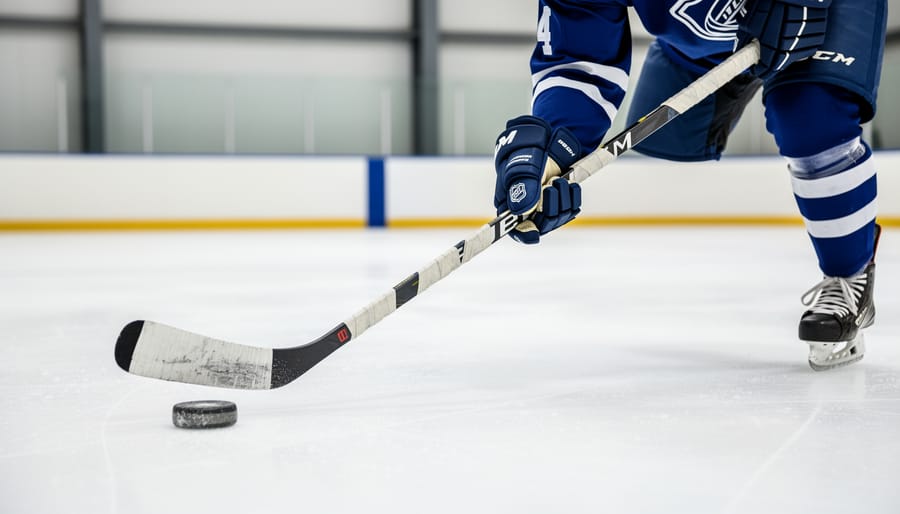 Close-up of hockey player's hands demonstrating proper grip on hockey stick with puck