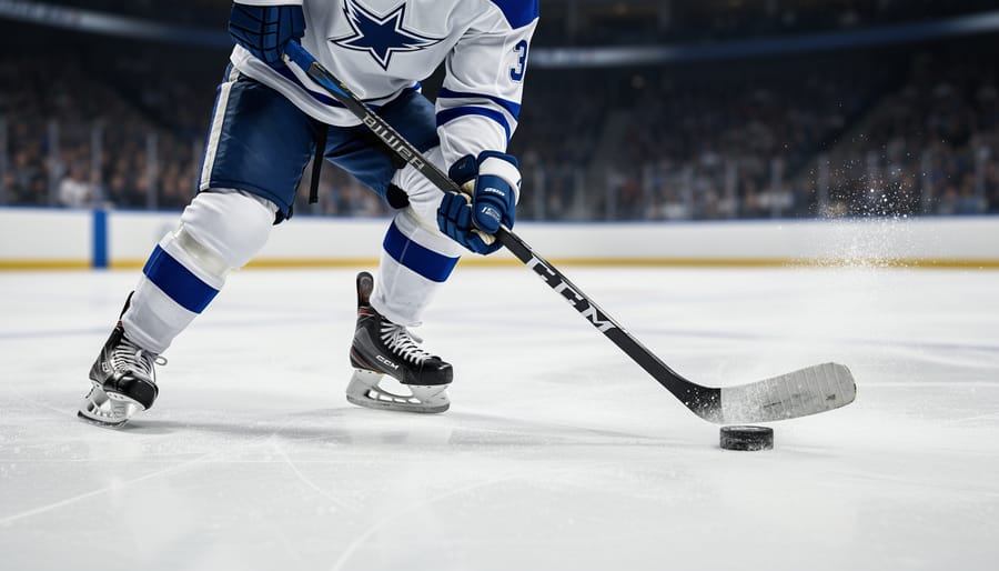 Hockey player executing wrist shot technique with puck in motion toward goal