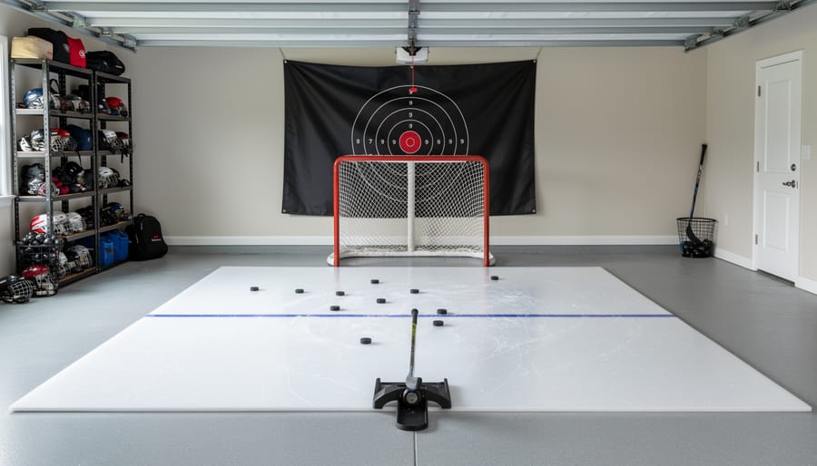 Home hockey training setup with synthetic ice mat, shooting target stand, and rebound practice equipment