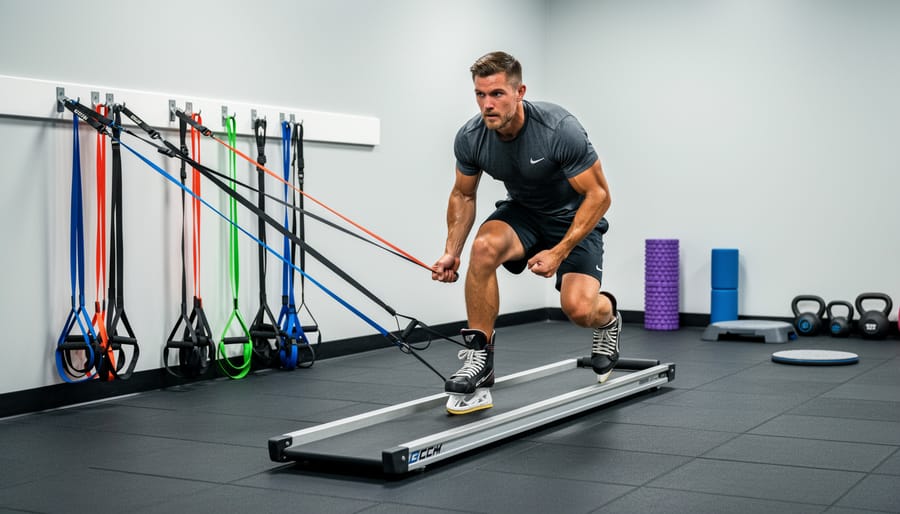 Hockey player training off-ice with a slide board and resistance band in a garage gym