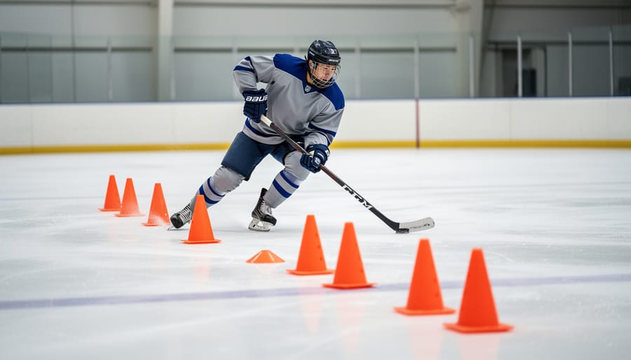 Ice hockey player in full gear skating through a line of training cones on an indoor rink
