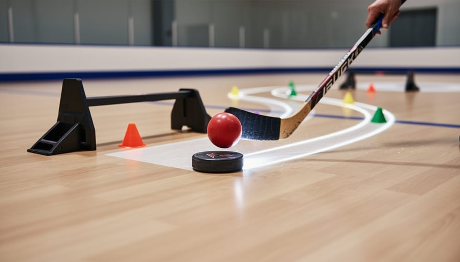 Close-up of hockey gloved hands stickhandling a weighted training puck at a tabletop setup