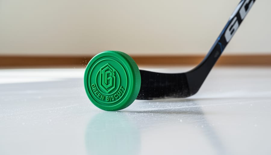 Green Biscuit off-ice training puck sliding across a concrete floor with a hockey stick