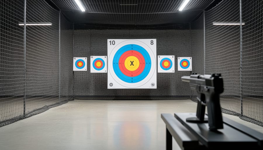 Hockey puck aimed at net-mounted shooting targets and corner shooting system
