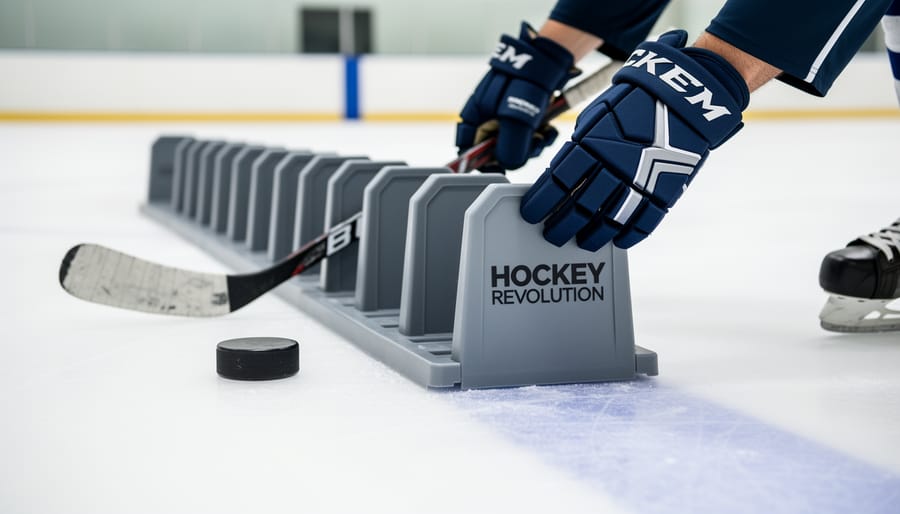 Hockey Revolution stickhandling training aid with puck positioned for puck control practice