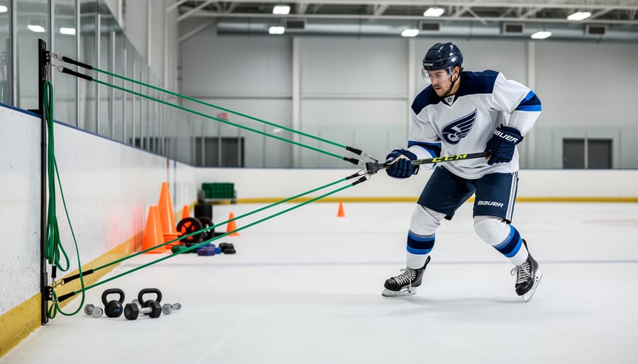 Resistance band training kit set up for hockey strength and power drills