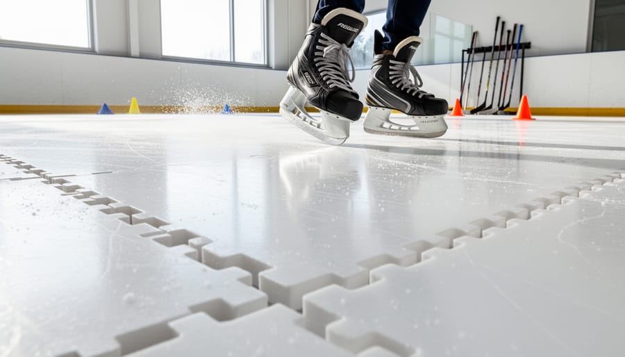 Skate toe positioned on installed PolyGlide synthetic ice tiles