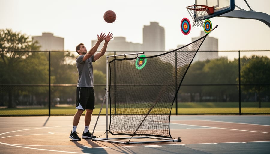 Ice hockey player practicing a shot using a rebounder with pucks and training targets nearby