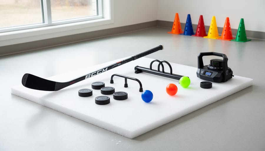 Stickhandling training equipment including training tiles, a weighted puck, and cones on a gym floor