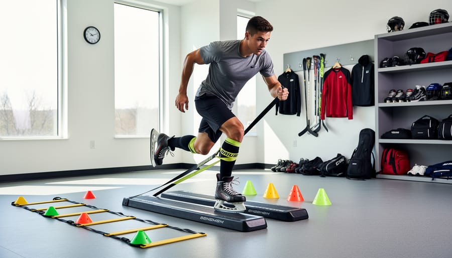 Athlete using a resistance band while training with a hockey stick in a home workout space