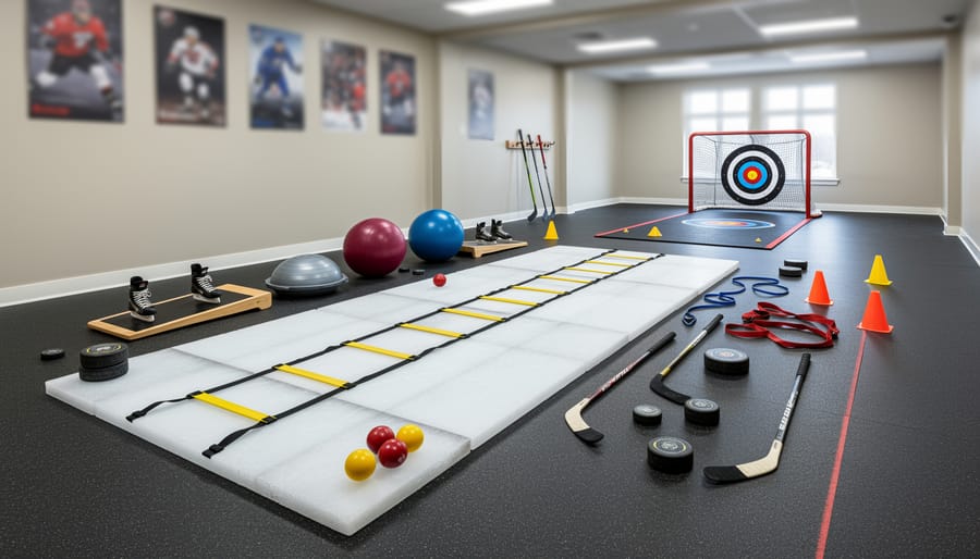 Dry-land hockey training equipment including a slide board, agility cones, and stickhandling tools