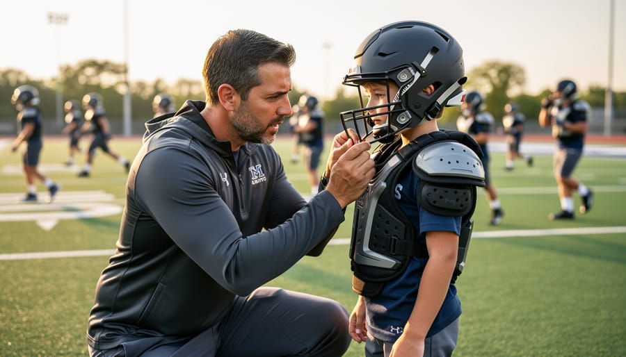 Coach adjusting a youth hockey helmet and protective gear fitting for safety
