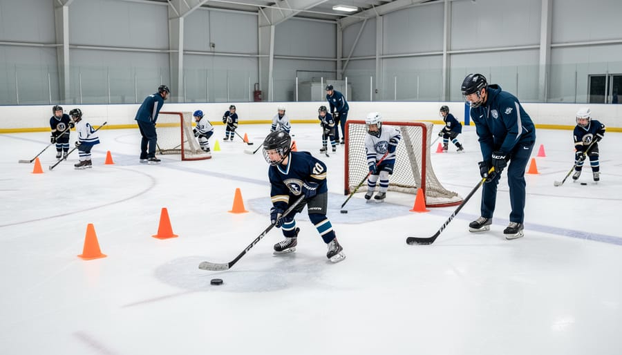 8U hockey players using cones and shooting targets on the ice with a coach nearby
